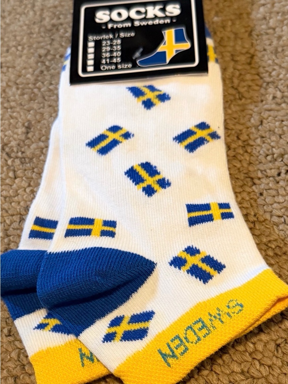 Sweden Flag White Crew Socks with Blue Toe and Yellow Cuff